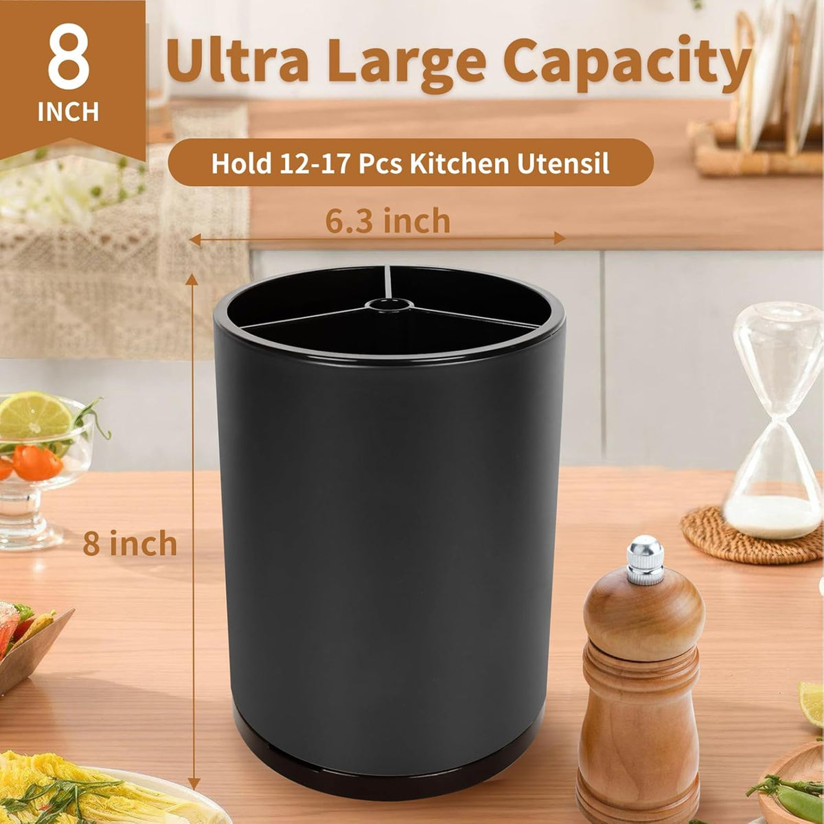 Extra Large Kitchen Utensil Holder, 360° Rotating Stainless Steel Cooking Utensil Holder for Countertop, 3 Compartment Flatware Organizer & Cooking Caddy with Removable Base（Silvery）