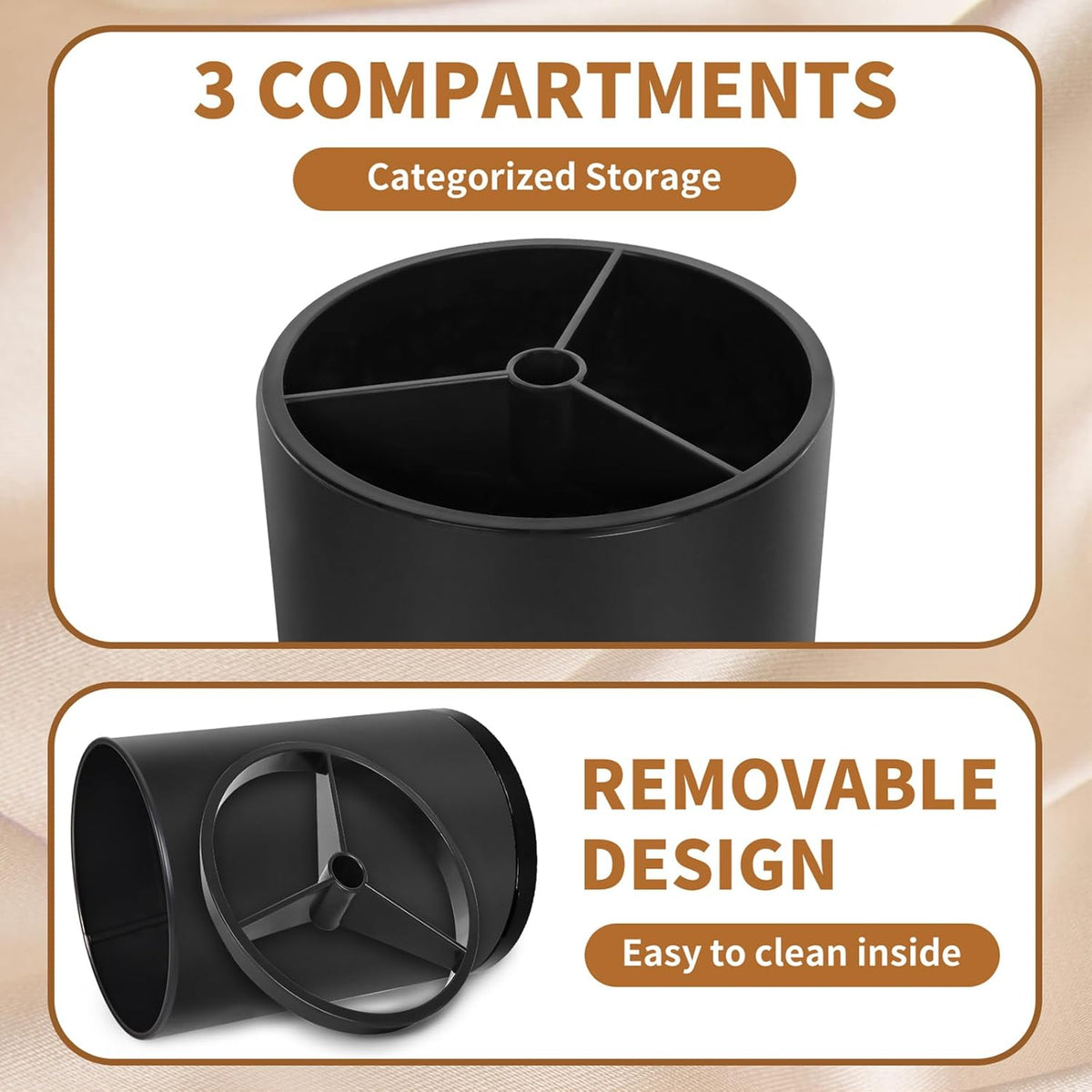 Extra Large Kitchen Utensil Holder, 360° Rotating Stainless Steel Cooking Utensil Holder for Countertop, 3 Compartment Flatware Organizer & Cooking Caddy with Removable Base（Silvery）