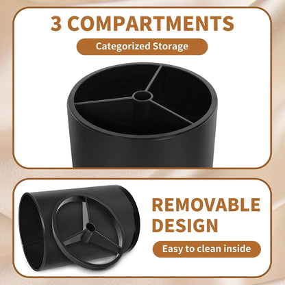 Extra Large Kitchen Utensil Holder, 360° Rotating Stainless Steel Cooking Utensil Holder for Countertop, 3 Compartment Flatware Organizer & Cooking Caddy with Removable Base（Silvery）