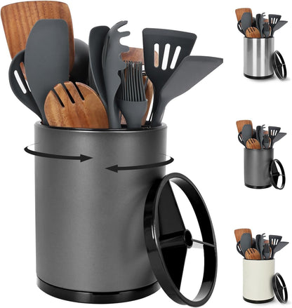 Extra Large Kitchen Utensil Holder, 360° Rotating Stainless Steel Cooking Utensil Holder for Countertop, 3 Compartment Flatware Organizer & Cooking Caddy with Removable Base（Silvery）