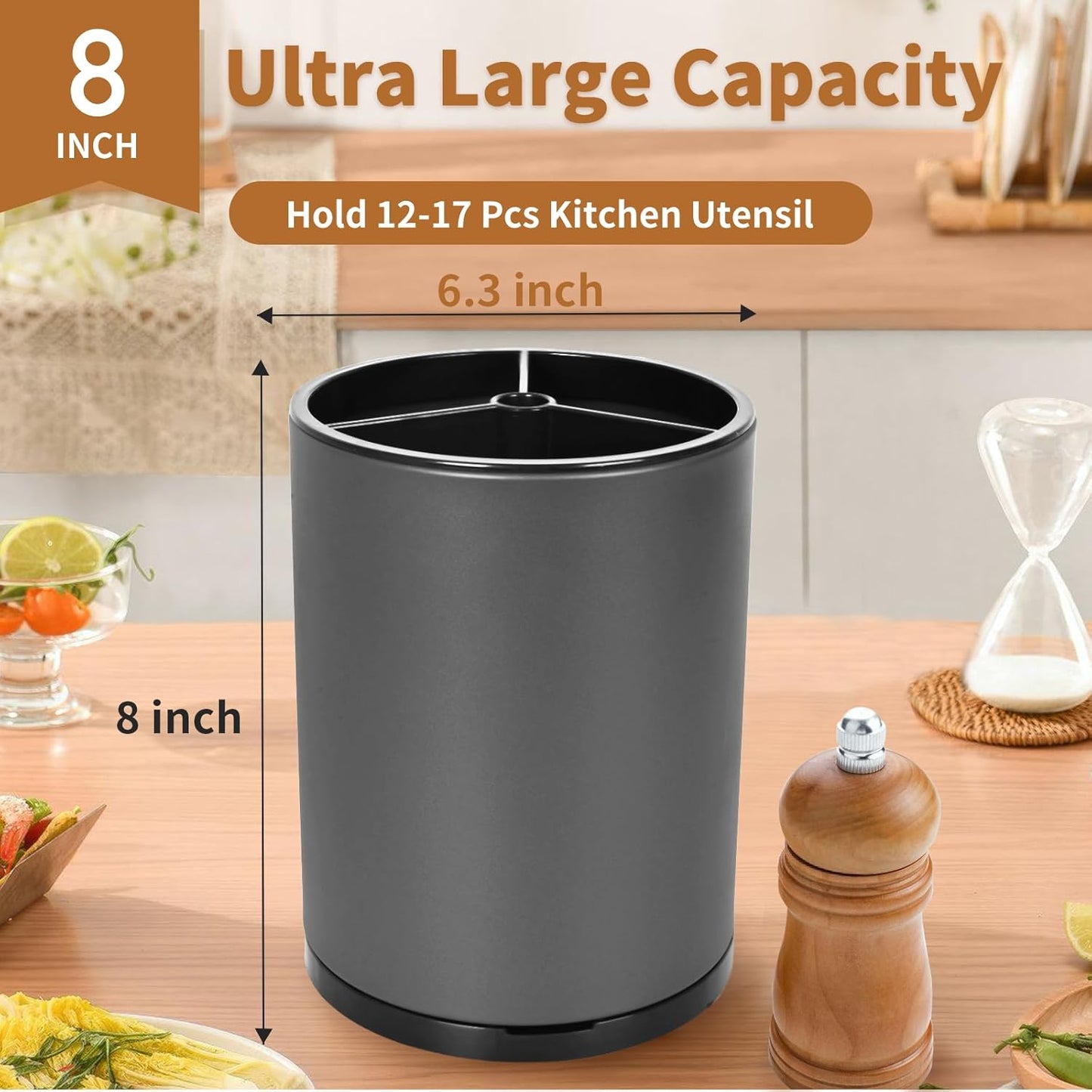 Extra Large Kitchen Utensil Holder, 360° Rotating Stainless Steel Cooking Utensil Holder for Countertop, 3 Compartment Flatware Organizer & Cooking Caddy with Removable Base（Silvery）