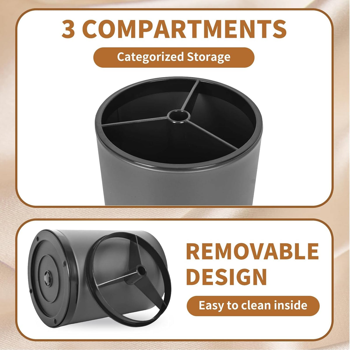 Extra Large Kitchen Utensil Holder, 360° Rotating Stainless Steel Cooking Utensil Holder for Countertop, 3 Compartment Flatware Organizer & Cooking Caddy with Removable Base（Silvery）