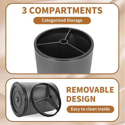 Extra Large Kitchen Utensil Holder, 360° Rotating Stainless Steel Cooking Utensil Holder for Countertop, 3 Compartment Flatware Organizer & Cooking Caddy with Removable Base（Silvery）