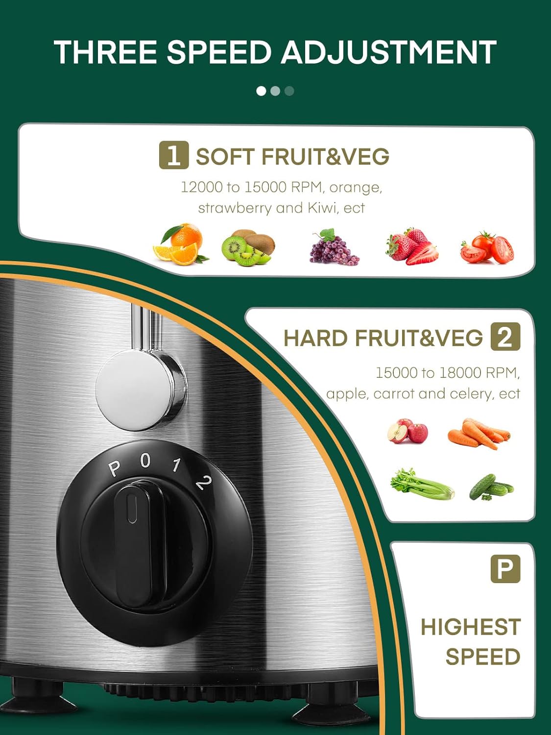 Juicer Machines, Juicer Whole Fruit and Vegetables with 3-Speed Setting, 400 W Motor Quick Juicing Ideal for Beginners & Light Daily Use, Cleaning Brush and Juicing Recipe Included