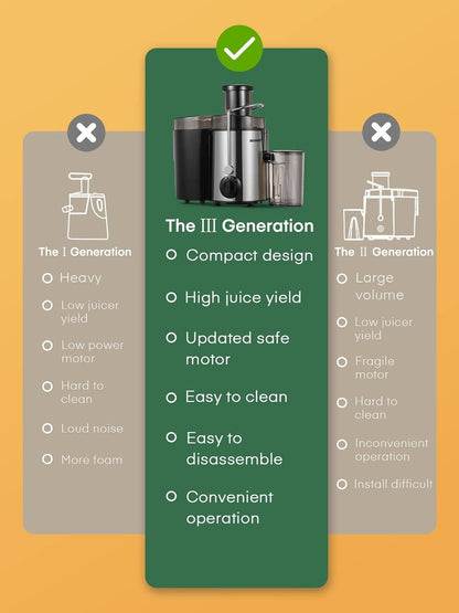 Juicer Machines, Juicer Whole Fruit and Vegetables with 3-Speed Setting, 400 W Motor Quick Juicing Ideal for Beginners & Light Daily Use, Cleaning Brush and Juicing Recipe Included