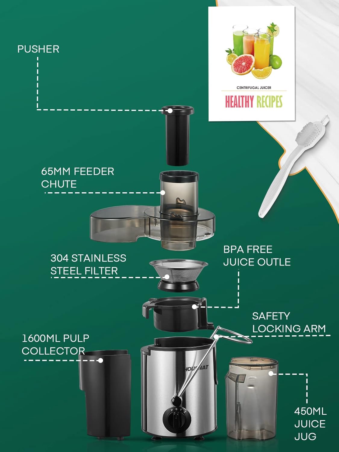 Juicer Machines, Juicer Whole Fruit and Vegetables with 3-Speed Setting, 400 W Motor Quick Juicing Ideal for Beginners & Light Daily Use, Cleaning Brush and Juicing Recipe Included