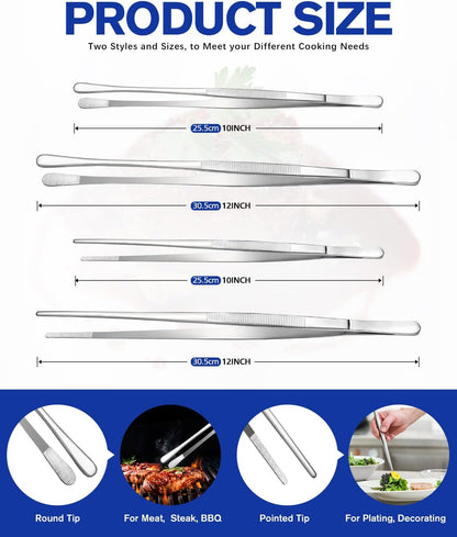 4 Pcs Fine Long Tweezer Tongs Professional Silver, 12'' and 10'' Stainless Steel for Kitchen, Food, Cooking, Repairing, Sea food and BBQ