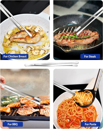 4 Pcs Fine Long Tweezer Tongs Professional Silver, 12'' and 10'' Stainless Steel for Kitchen, Food, Cooking, Repairing, Sea food and BBQ