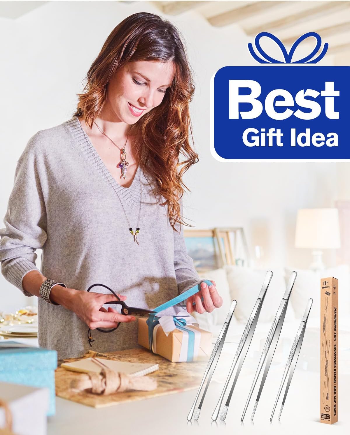 4 Pcs Fine Long Tweezer Tongs Professional Silver, 12'' and 10'' Stainless Steel for Kitchen, Food, Cooking, Repairing, Sea food and BBQ