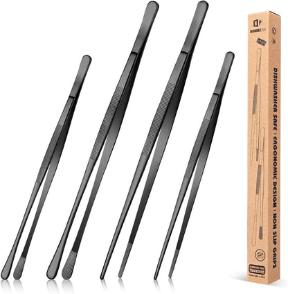 4 Pcs Fine Long Tweezer Tongs Professional Silver, 12'' and 10'' Stainless Steel for Kitchen, Food, Cooking, Repairing, Sea food and BBQ