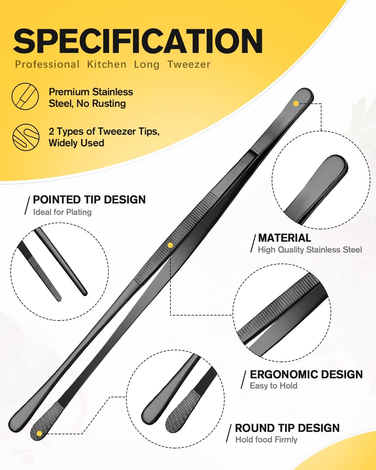 4 Pcs Fine Long Tweezer Tongs Professional Silver, 12'' and 10'' Stainless Steel for Kitchen, Food, Cooking, Repairing, Sea food and BBQ