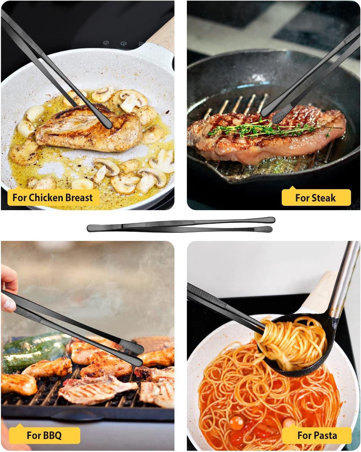 4 Pcs Fine Long Tweezer Tongs Professional Silver, 12'' and 10'' Stainless Steel for Kitchen, Food, Cooking, Repairing, Sea food and BBQ
