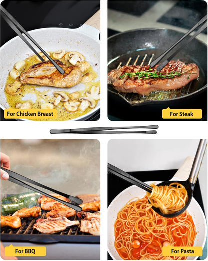 4 Pcs Fine Long Tweezer Tongs Professional Silver, 12'' and 10'' Stainless Steel for Kitchen, Food, Cooking, Repairing, Sea food and BBQ
