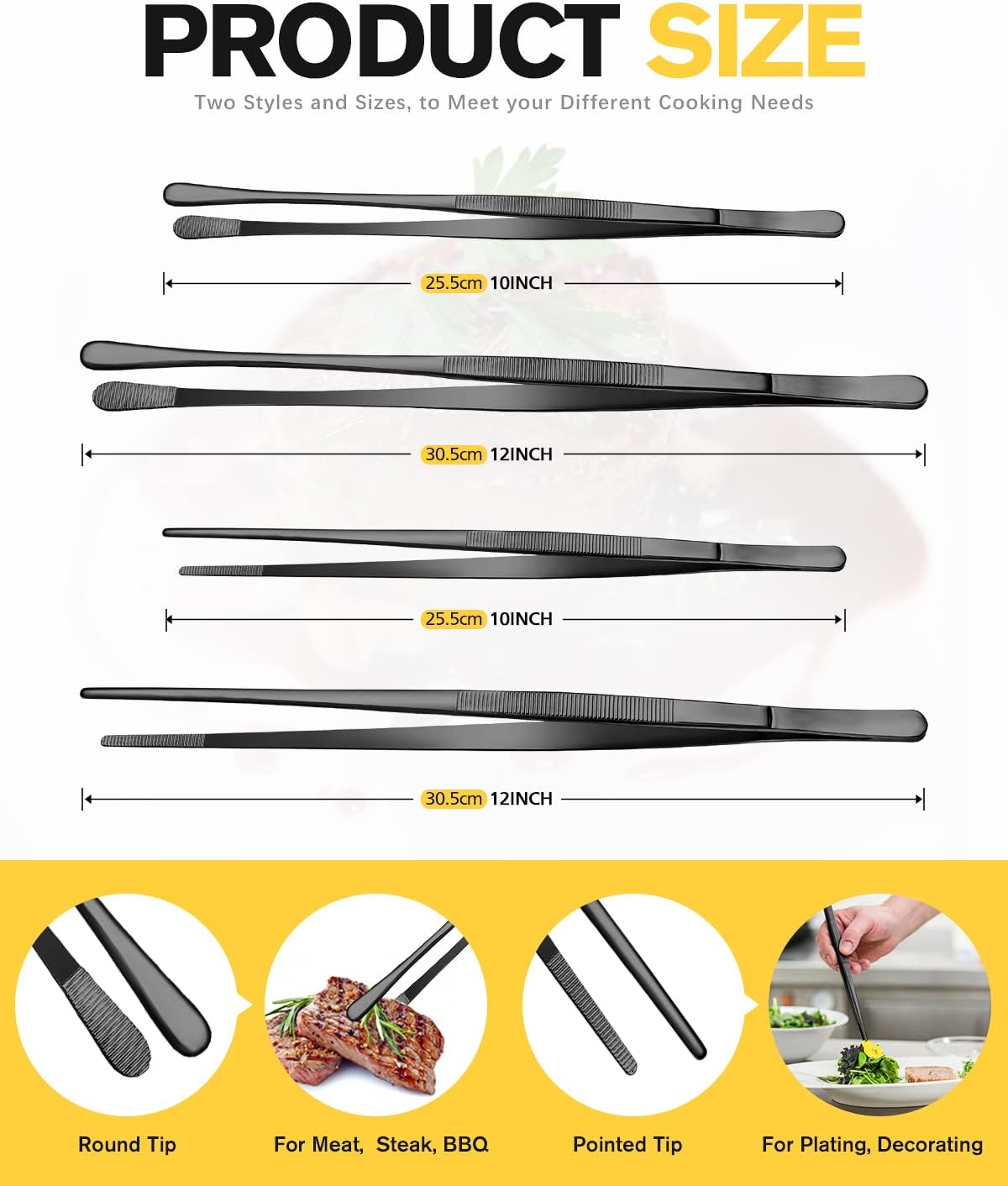 4 Pcs Fine Long Tweezer Tongs Professional Silver, 12'' and 10'' Stainless Steel for Kitchen, Food, Cooking, Repairing, Sea food and BBQ