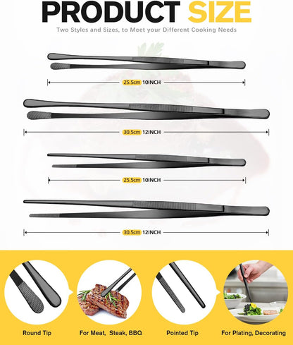 4 Pcs Fine Long Tweezer Tongs Professional Silver, 12'' and 10'' Stainless Steel for Kitchen, Food, Cooking, Repairing, Sea food and BBQ