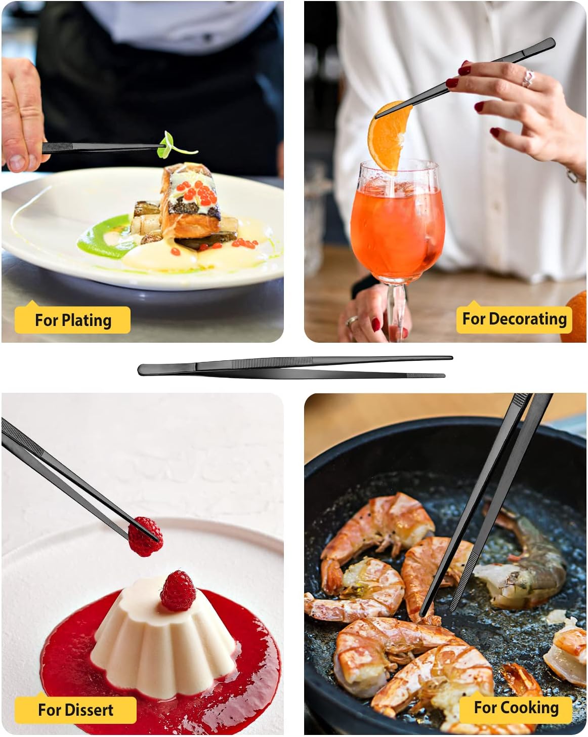 4 Pcs Fine Long Tweezer Tongs Professional Silver, 12'' and 10'' Stainless Steel for Kitchen, Food, Cooking, Repairing, Sea food and BBQ