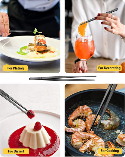 4 Pcs Fine Long Tweezer Tongs Professional Silver, 12'' and 10'' Stainless Steel for Kitchen, Food, Cooking, Repairing, Sea food and BBQ