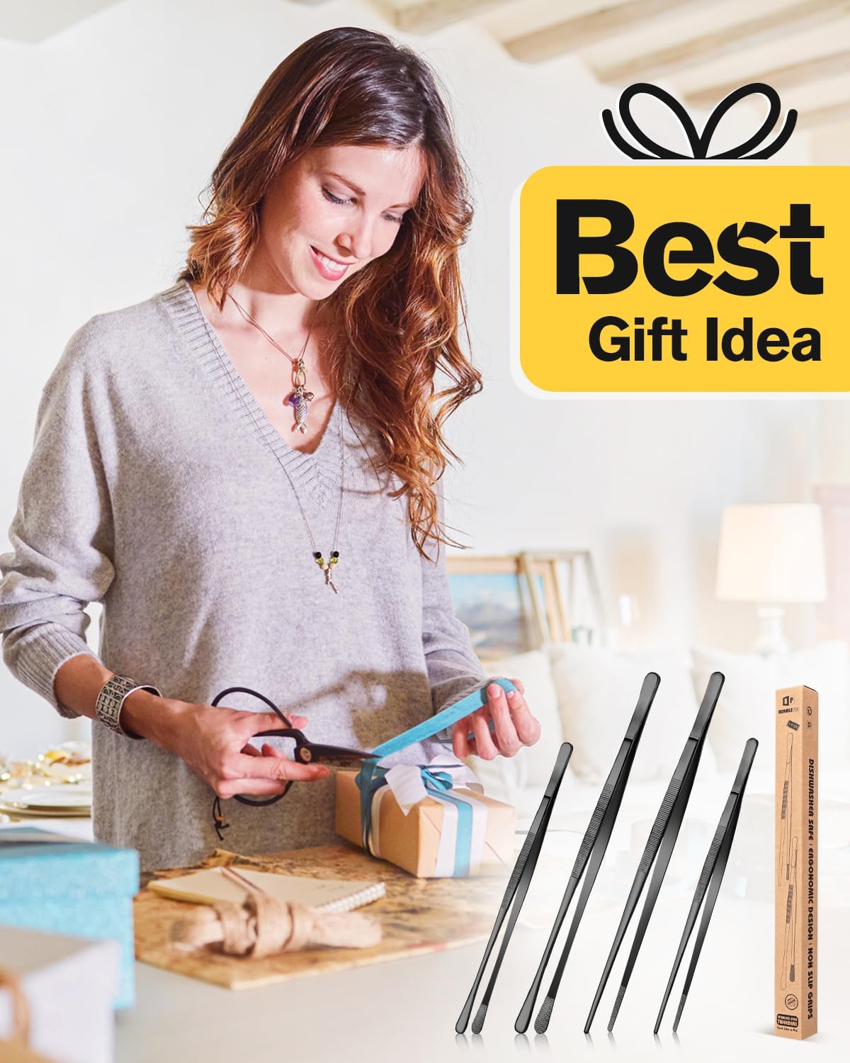 4 Pcs Fine Long Tweezer Tongs Professional Silver, 12'' and 10'' Stainless Steel for Kitchen, Food, Cooking, Repairing, Sea food and BBQ