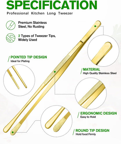 4 Pcs Fine Long Tweezer Tongs Professional Silver, 12'' and 10'' Stainless Steel for Kitchen, Food, Cooking, Repairing, Sea food and BBQ