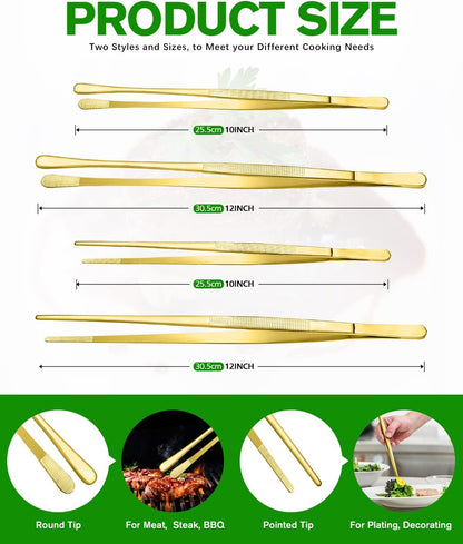 4 Pcs Fine Long Tweezer Tongs Professional Silver, 12'' and 10'' Stainless Steel for Kitchen, Food, Cooking, Repairing, Sea food and BBQ