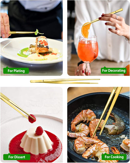 4 Pcs Fine Long Tweezer Tongs Professional Silver, 12'' and 10'' Stainless Steel for Kitchen, Food, Cooking, Repairing, Sea food and BBQ