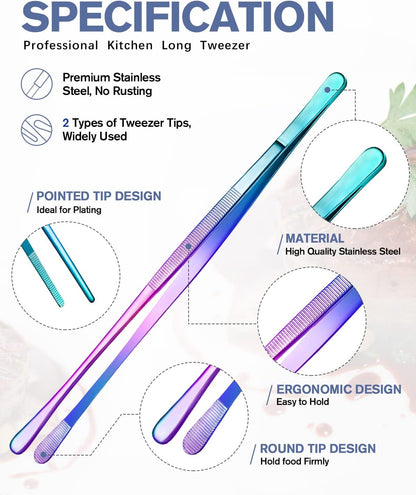 4 Pcs Fine Long Tweezer Tongs Professional Silver, 12'' and 10'' Stainless Steel for Kitchen, Food, Cooking, Repairing, Sea food and BBQ