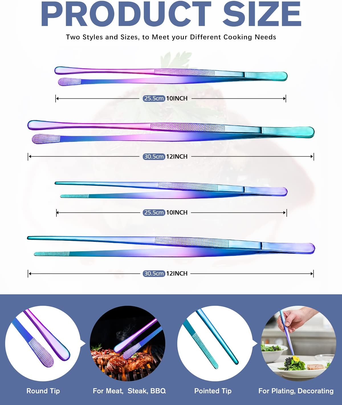 4 Pcs Fine Long Tweezer Tongs Professional Silver, 12'' and 10'' Stainless Steel for Kitchen, Food, Cooking, Repairing, Sea food and BBQ