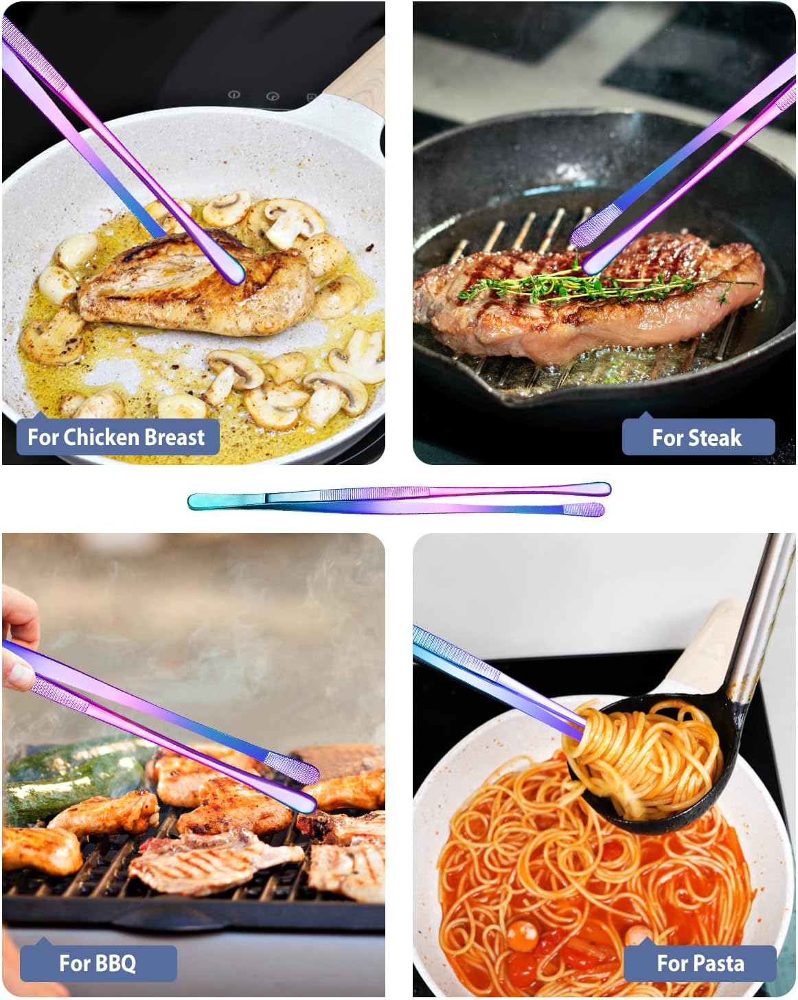 4 Pcs Fine Long Tweezer Tongs Professional Silver, 12'' and 10'' Stainless Steel for Kitchen, Food, Cooking, Repairing, Sea food and BBQ
