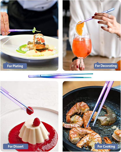 4 Pcs Fine Long Tweezer Tongs Professional Silver, 12'' and 10'' Stainless Steel for Kitchen, Food, Cooking, Repairing, Sea food and BBQ
