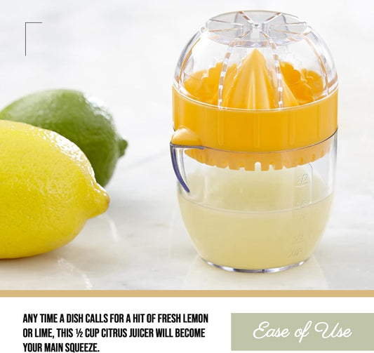Lemon Squeezer with Integrated Strainer – Compact Citrus Juicer with 1/2 Cup Capacity, Calibrated Container & Pouring Spout – BPA-Free & Dishwasher Safe – Original Design