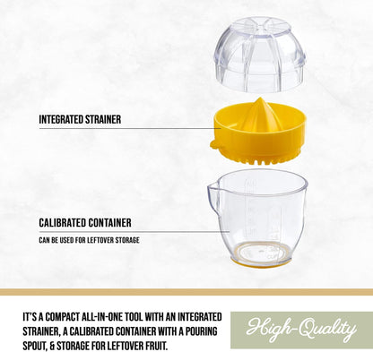 Lemon Squeezer with Integrated Strainer – Compact Citrus Juicer with 1/2 Cup Capacity, Calibrated Container & Pouring Spout – BPA-Free & Dishwasher Safe – Original Design