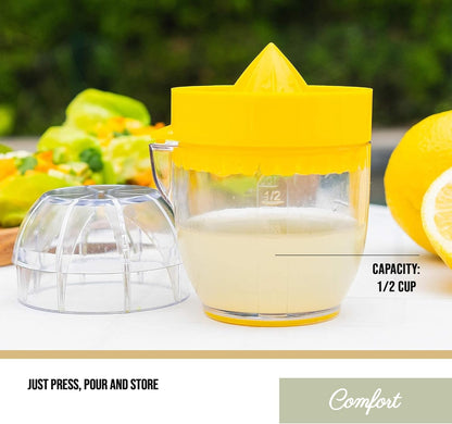 Lemon Squeezer with Integrated Strainer – Compact Citrus Juicer with 1/2 Cup Capacity, Calibrated Container & Pouring Spout – BPA-Free & Dishwasher Safe – Original Design