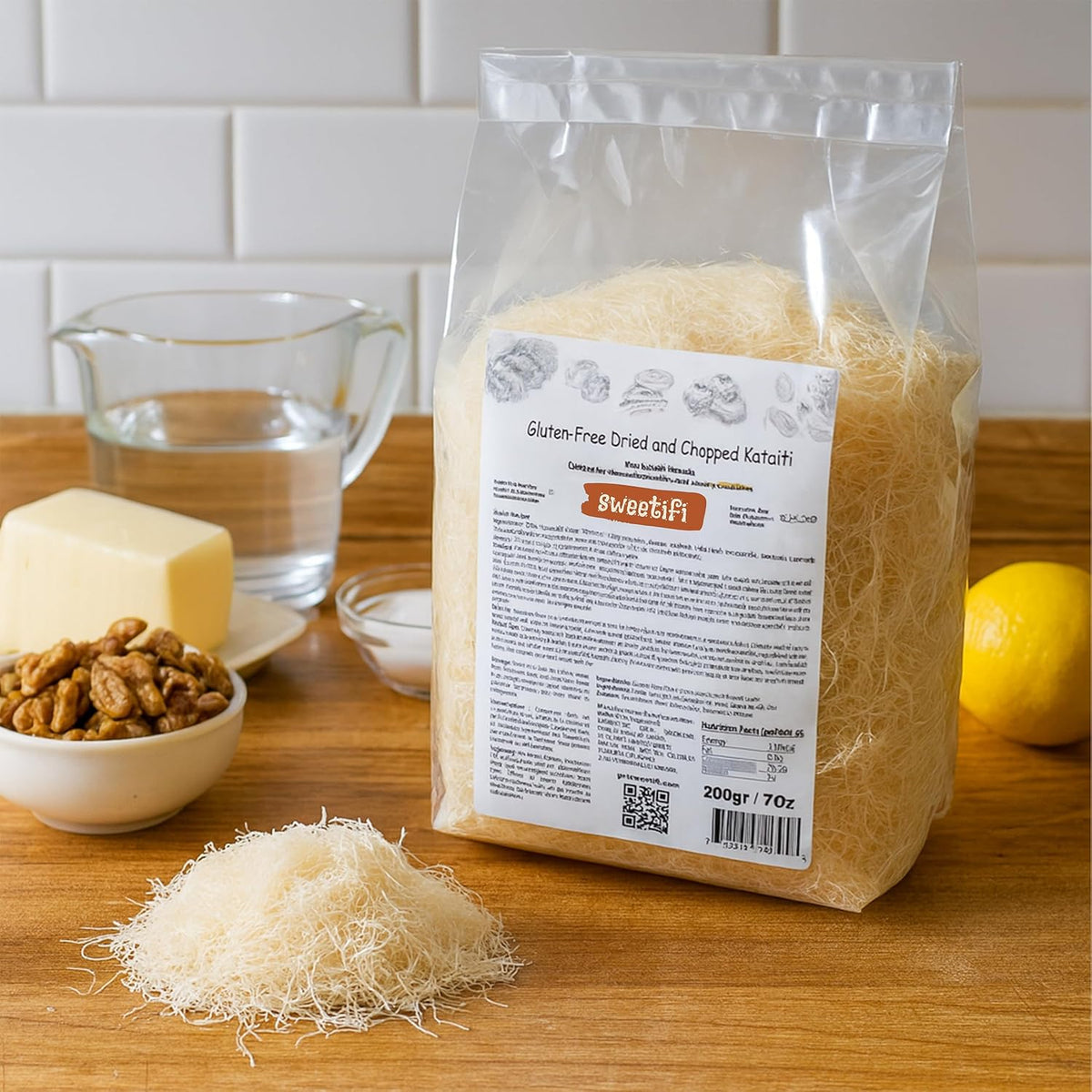 Gluten-Free Kataifi Pastry, Dried & Chopped Shredded Phyllo Dough for Middle Eastern Desserts, Kunafa & Rolls, Crafted for Sweet & Savory Creations, 200gr/7Oz