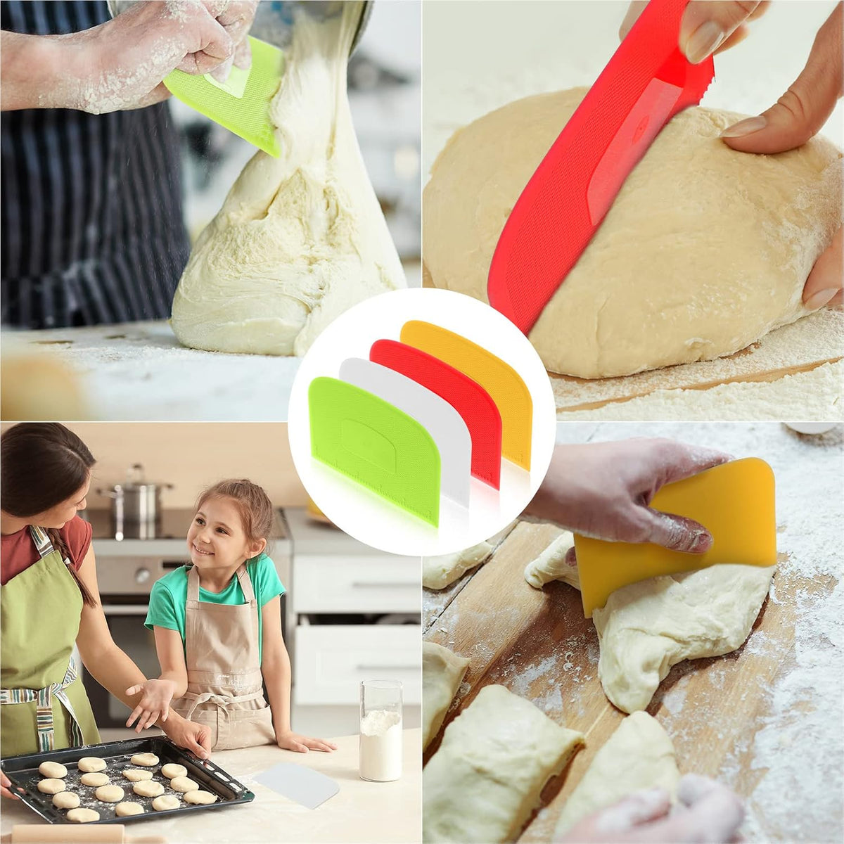 4 Piece Plastic Dough Scraper Bowl Scraper Flexible Multipurpose Food Spatula Plastic Daigh Cutter for Bread Cake Dough Fondant Icing (White, Green, Yellow, Red)