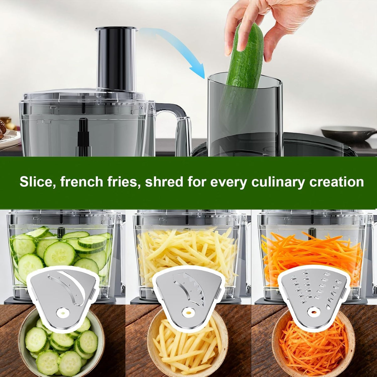 Food Processor, 600W, Shredding and Slicing, French Fries Cutter, Kneading, Meat and Vegetable Chopping, Ice Crushing, 6 Presets, Easy to Operate and Clean for Home Use (Standard Version)
