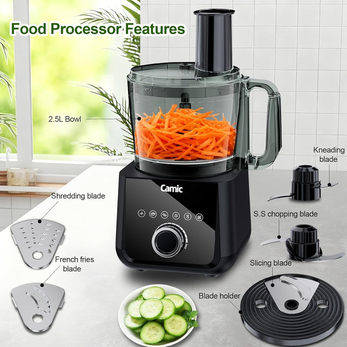Food Processor, 600W, Shredding and Slicing, French Fries Cutter, Kneading, Meat and Vegetable Chopping, Ice Crushing, 6 Presets, Easy to Operate and Clean for Home Use (Standard Version)
