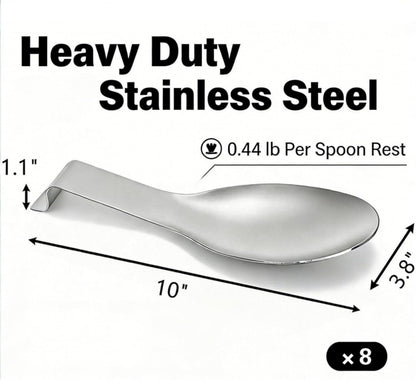 8 Pack Stainless Steel Spoon Rest, Large Size Ladle Spatula Tong Holder, Heavy Duty Cooking Utensil Rest for Stove Top Kitchen Countertop, Dishwasher Safe Kitchenware, Silver