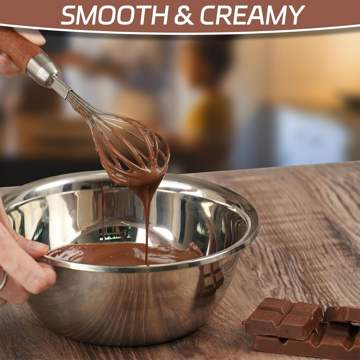 Stainless Steel Wire Cooking Whisk, Multi Function Kitchen Hand Whisk Non Stick Balloon Whisk Egg Beater for Blending Whisking Beating Frothing Stirring Batters,Wooden Handle (11""L x 2.1""W)