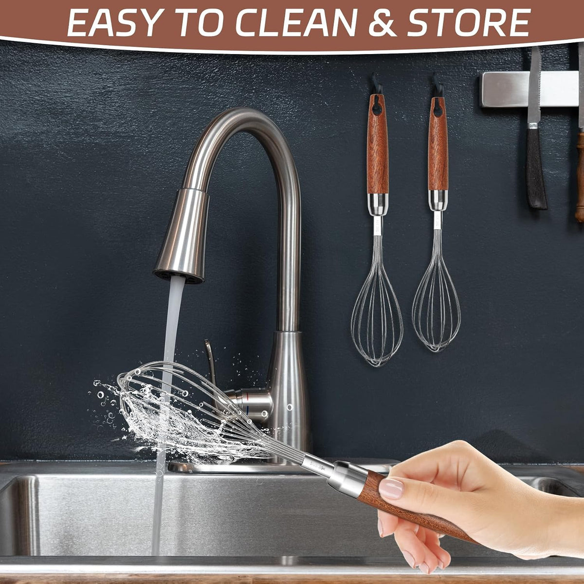 Stainless Steel Wire Cooking Whisk, Multi Function Kitchen Hand Whisk Non Stick Balloon Whisk Egg Beater for Blending Whisking Beating Frothing Stirring Batters,Wooden Handle (11""L x 2.1""W)