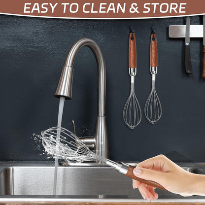 Stainless Steel Wire Cooking Whisk, Multi Function Kitchen Hand Whisk Non Stick Balloon Whisk Egg Beater for Blending Whisking Beating Frothing Stirring Batters,Wooden Handle (11""L x 2.1""W)