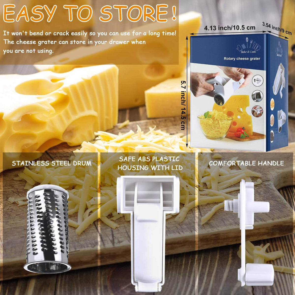 Rotary Cheese Grater Manual Handheld Cheese Grater with Stainless Steel Drum for Grating Hard Chocolate Nuts Kitchen Tool(White,1 Drum)