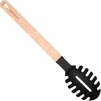 Gourmet Series Nylon Pasta Server-Natural Handle with Black Head | Heat resistant pasta fork with hanging hole. Lightweight and durable spaghetti server, dishwasher safe, made in USA