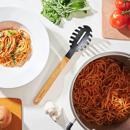 Gourmet Series Nylon Pasta Server-Natural Handle with Black Head | Heat resistant pasta fork with hanging hole. Lightweight and durable spaghetti server, dishwasher safe, made in USA
