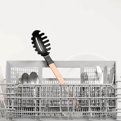Gourmet Series Nylon Pasta Server-Natural Handle with Black Head | Heat resistant pasta fork with hanging hole. Lightweight and durable spaghetti server, dishwasher safe, made in USA