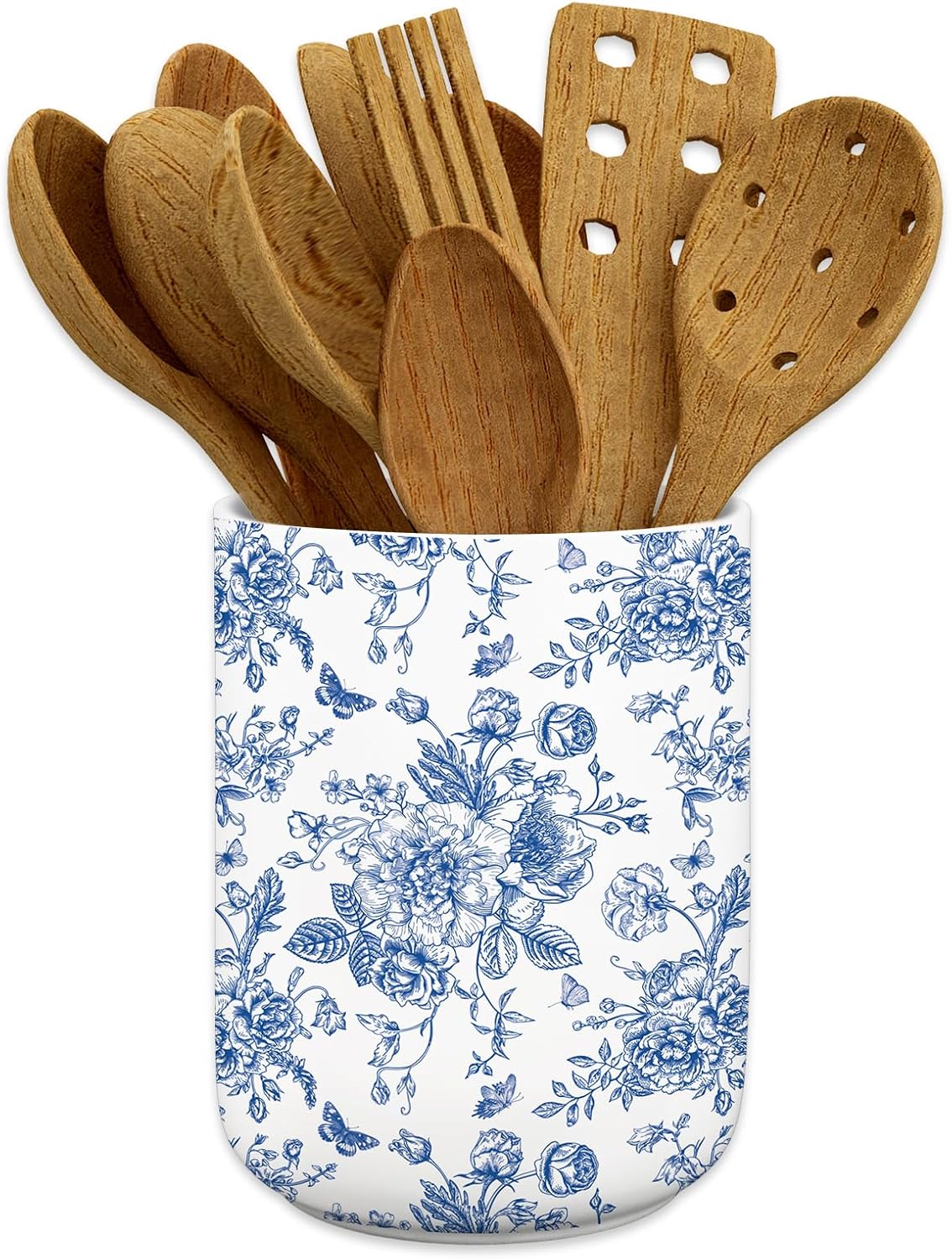 Blue Floral Ceramic Utensil Holder Chinoiserie Chopstick Crock | Vintage Toile Flower Butterfly, Cooking Tool Storage Organizer Container, For 250th Anniversary Home Kitchen Countertop Decor