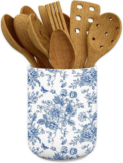 Blue Floral Ceramic Utensil Holder Chinoiserie Chopstick Crock | Vintage Toile Flower Butterfly, Cooking Tool Storage Organizer Container, For 250th Anniversary Home Kitchen Countertop Decor
