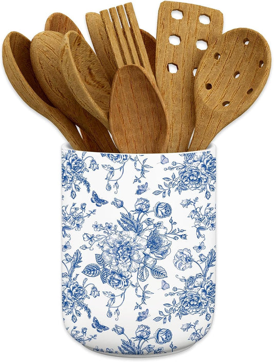 Blue Floral Ceramic Utensil Holder Chinoiserie Chopstick Crock | Vintage Toile Flower Butterfly, Cooking Tool Storage Organizer Container, For 250th Anniversary Home Kitchen Countertop Decor