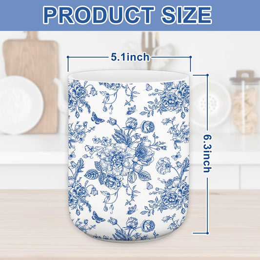 Blue Floral Ceramic Utensil Holder Chinoiserie Chopstick Crock | Vintage Toile Flower Butterfly, Cooking Tool Storage Organizer Container, For 250th Anniversary Home Kitchen Countertop Decor