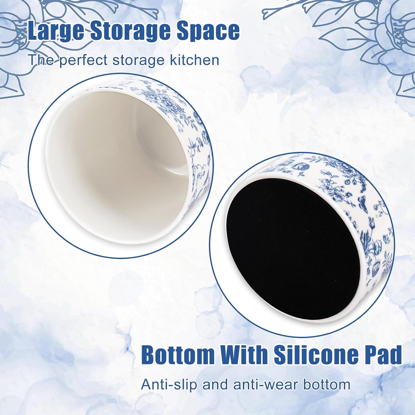 Blue Floral Ceramic Utensil Holder Chinoiserie Chopstick Crock | Vintage Toile Flower Butterfly, Cooking Tool Storage Organizer Container, For 250th Anniversary Home Kitchen Countertop Decor