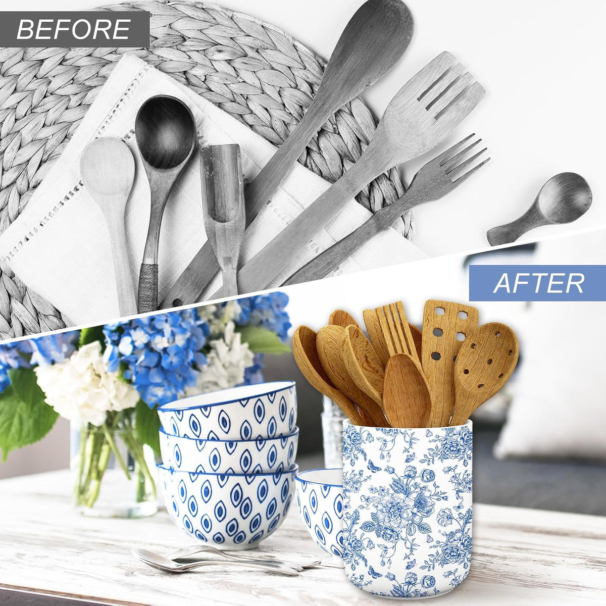 Blue Floral Ceramic Utensil Holder Chinoiserie Chopstick Crock | Vintage Toile Flower Butterfly, Cooking Tool Storage Organizer Container, For 250th Anniversary Home Kitchen Countertop Decor